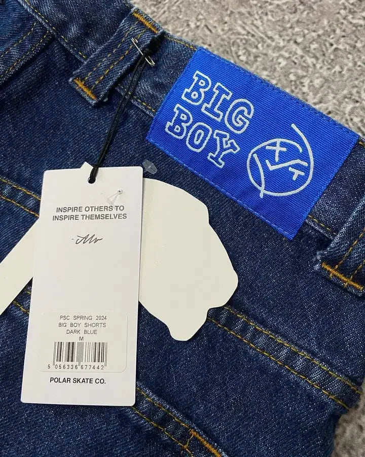 Hip Hop Gothic Cartoon Embroidery Streetwear Polar Big Boy Shorts Y2K Men's Women's Oversized Retro Blue Baggy Denim Gym Shorts