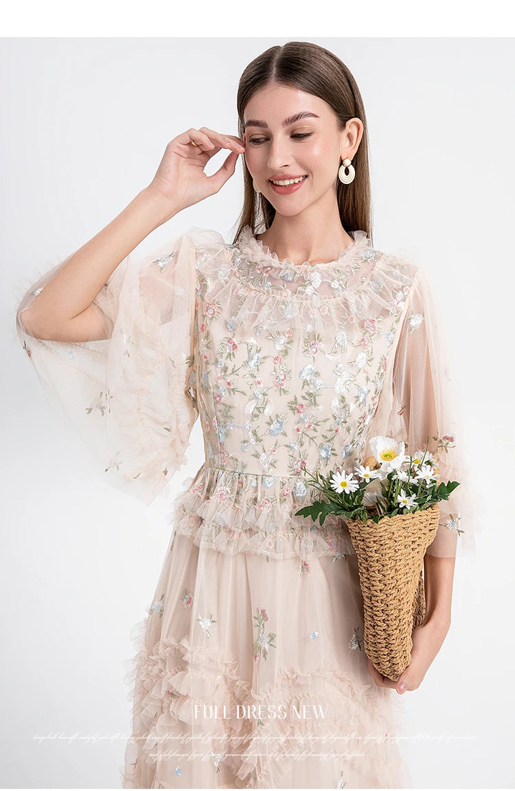 Runway Luxury Long Dresses Women 2025 Summer Holiday Embroidery Flower Ruffles Midi Party Evening Dress Lady Prom Vestidos