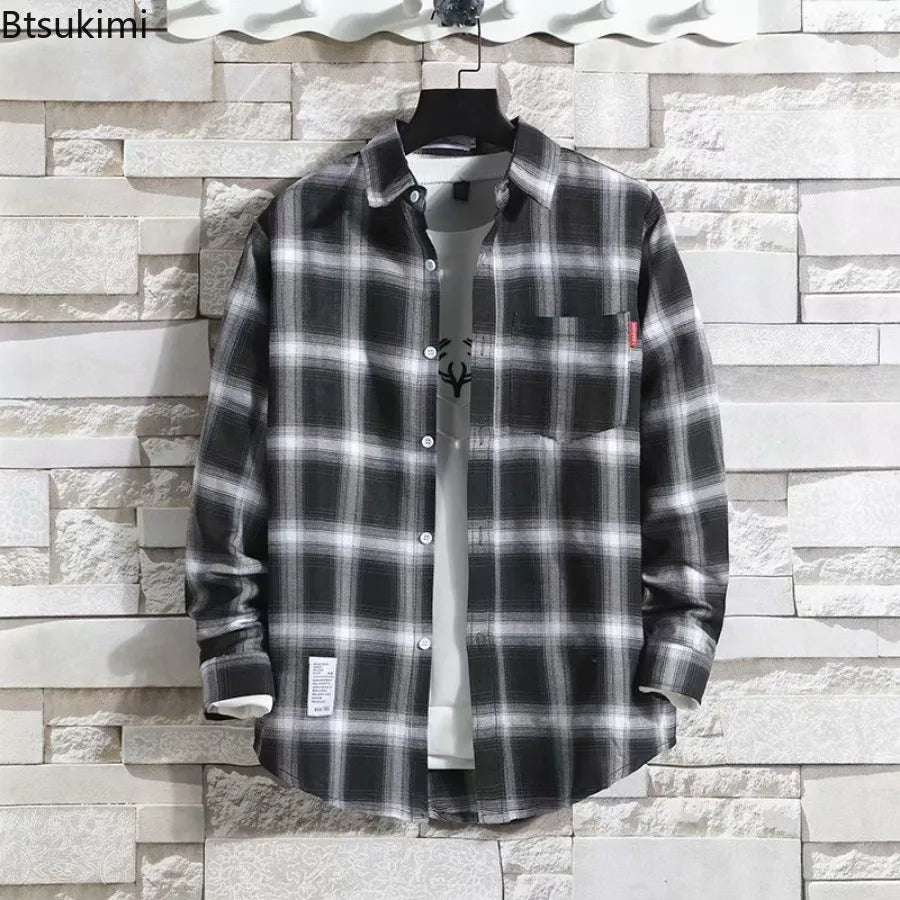 Spring New Korean Style Plaid Shirts Men's Handsome Long-sleeved Loose Casual All-matching Shirt Coats 2026 Trend Men's Clothing