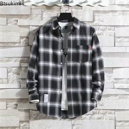 Spring New Korean Style Plaid Shirts Men's Handsome Long-sleeved Loose Casual All-matching Shirt Coats 2026 Trend Men's Clothing