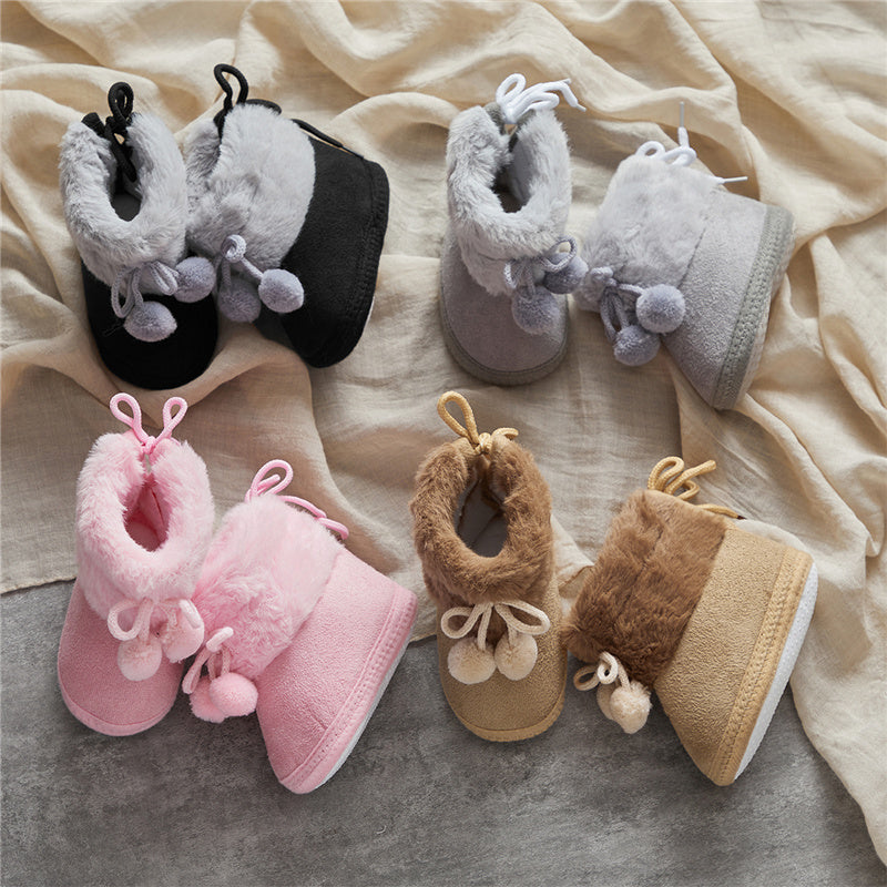 Suefunskry Toddler Baby Girls Boys Boots Winter Warm Soft Sole Fluffy Lace up Boots Cute Plush Pom Decoration Non Slip Shoes