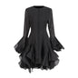 TWOTWINSTYLE Pink Patchwork Ruffle Dress For Women Round Neck Flare Sleeve High Wait Slim Elegant Midi 107CM Dress Female 2025