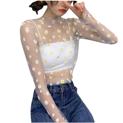 Women Daisy Flower Print Mesh Tops Long Sleeve Sheer Transparent Fishnet T Shirt Fashion Summer Sunscreen Tee 2026