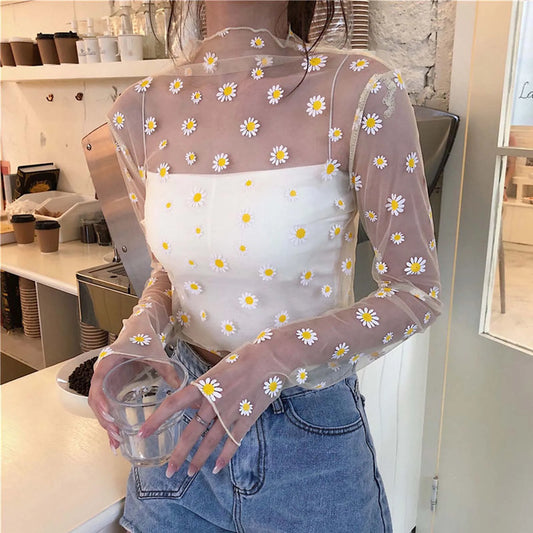 Women Daisy Print Lace Sheer Tops Sexy Tees Long Sleeve Thin Mesh Shirts Fashion Ladies Top 2026 Summer Sunscreen Blouse