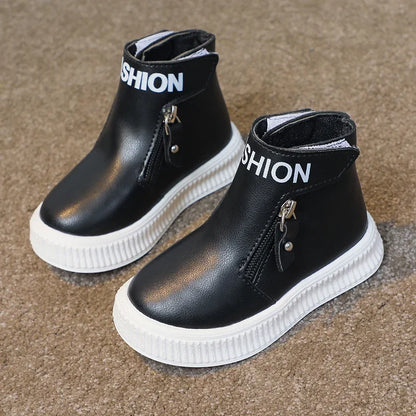 Kids Leather Boots Children Short Sport Boots Side Zipper Round-toe Classic Solid Color Non-slip Boys Girls Fashion Boots 2025