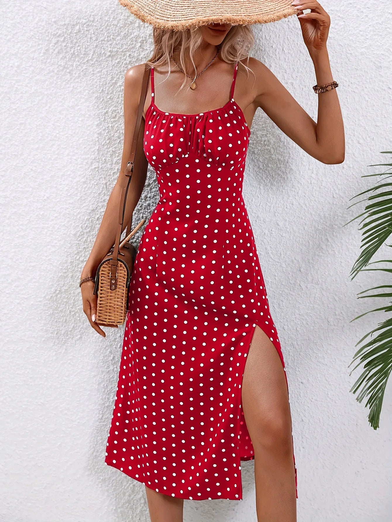 2026 Summer Sexy Spaghetti Straps Dress Women Fashion Polka Dot Print Sleeveless Slit Dress Boho Casual Beach Midi Dresses