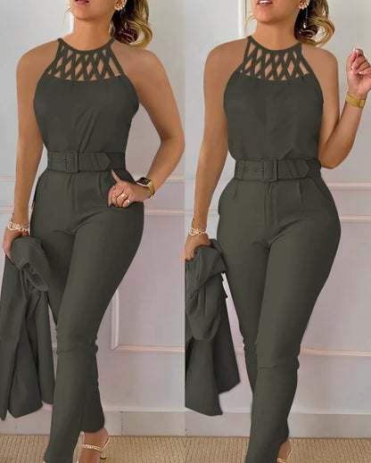 Two Piece Set Women Outfit 2026 Summer Fashion Hollow Out Round Neck Sleeveless Tank Top & Casual Pocket Daily Pants Set