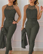 Two Piece Set Women Outfit 2026 Summer Fashion Hollow Out Round Neck Sleeveless Tank Top & Casual Pocket Daily Pants Set