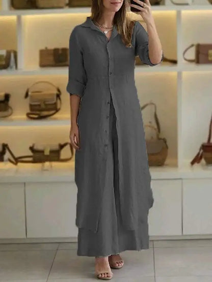 2025 New Product Women's Summer And Autumn Urban Elegant Cotton Hemp Slimming Waist Long Shirt Wide Leg Pants Two Piece Set
