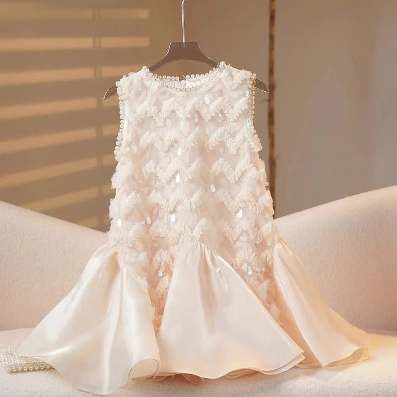 2025 Girls New High-end Dress Costumes Formal Clothes Beige Summer Matching Clothes White Short Sleeves Princess Party Wedding