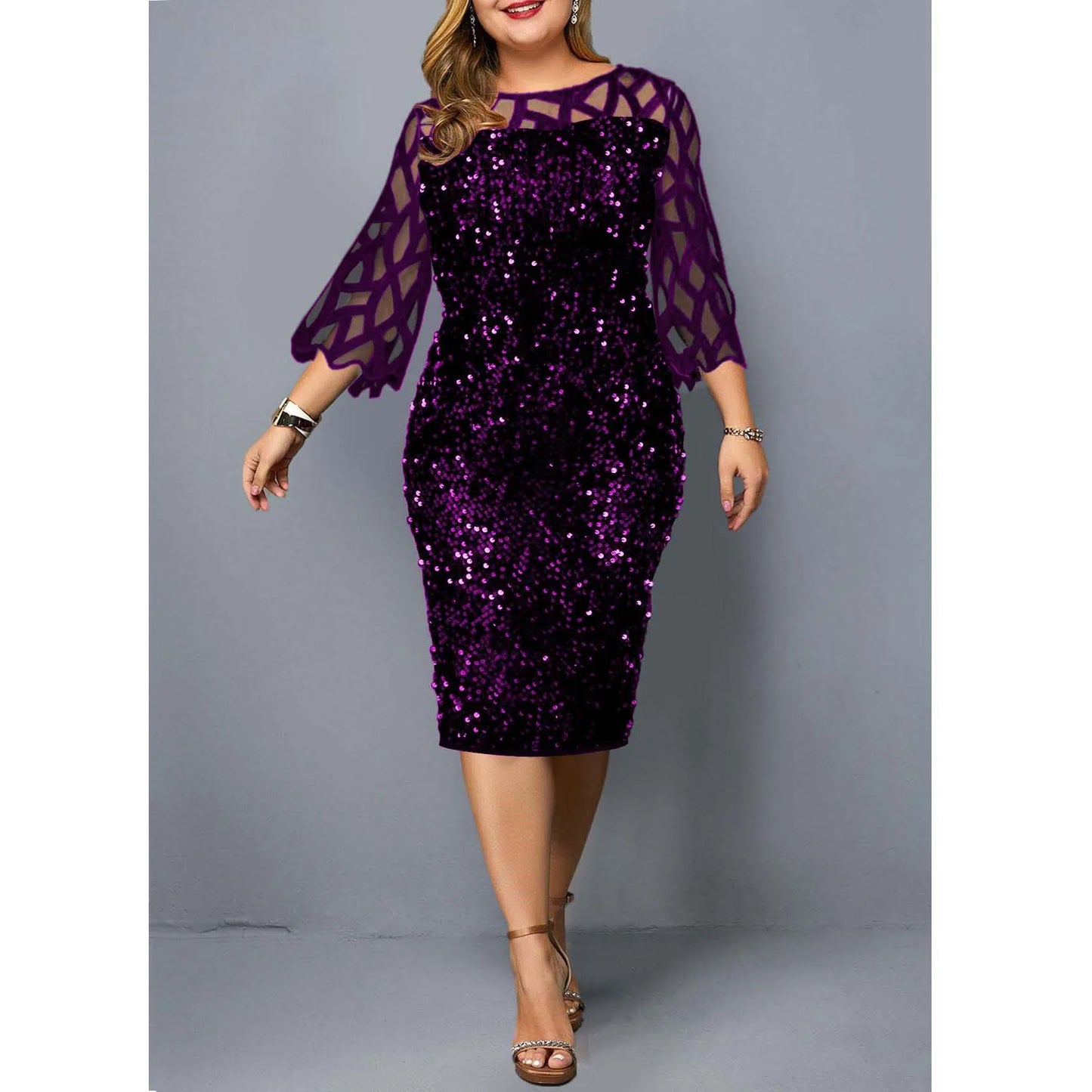 Elegant Sequin Plus Size 4XL 5XL Women Midi Dress Sexy Casual Evening Party Dress Gown Wedding Luxury Robe Rouge Vestidos