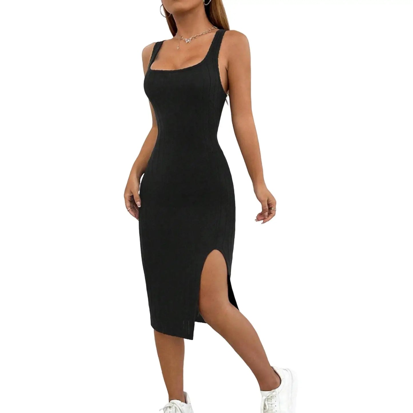 Solid Color Square Neckline Dress Elegant Square Neck Knitted Midi Dress for Women Solid Color Party Commute Dress with Short
