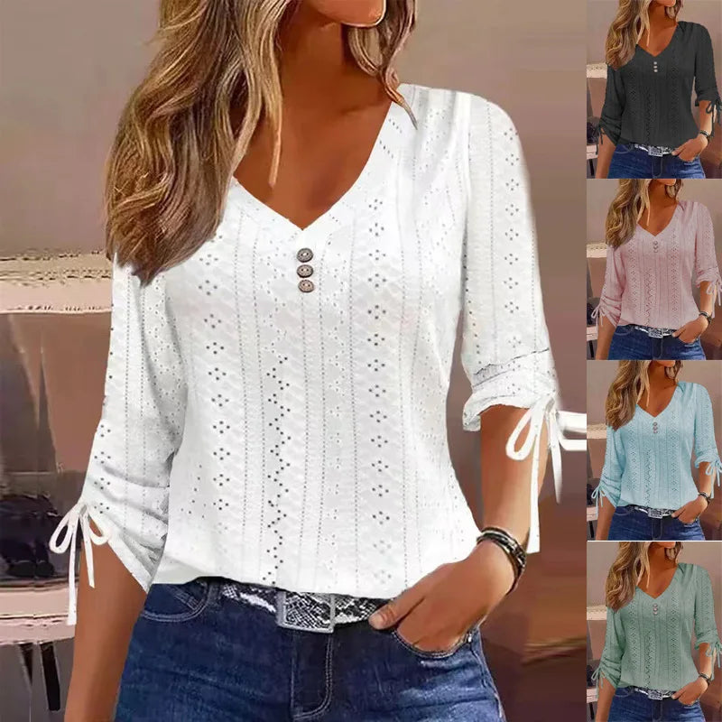 Women Long Sleeve Blouse 2026 Women's Fashion Trends Casual Button V-Neck shirts & blouses Elegant Female Hollow Out Bow Tops