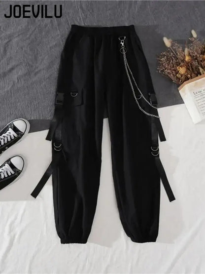 2PCS Women's Streetwear Outfits Loose Long Sleeve Shirt Ribbon Chain Cargo Pants 2 Piece Sets Korean Casual Unisex Couple Suit