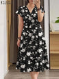 ZANZEA Fashion Floral Print Women Midi Dresses 2025 Summer Ruffle Sleeve V Neck A-line Vestido Casual Cinch Waist Party Sundress