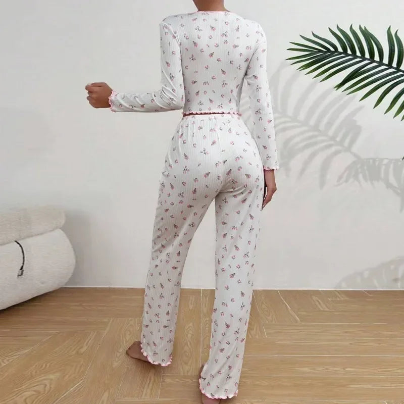 Women Sleepwear Autumn Winter Floral Print Pajamas Set Long Sleeve Top and Long Pants 2 Piece Casual Home wear Loungewear
