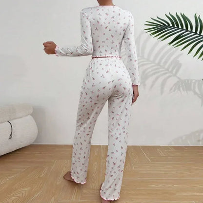 Women Sleepwear Autumn Winter Floral Print Pajamas Set Long Sleeve Top and Long Pants 2 Piece Casual Home wear Loungewear