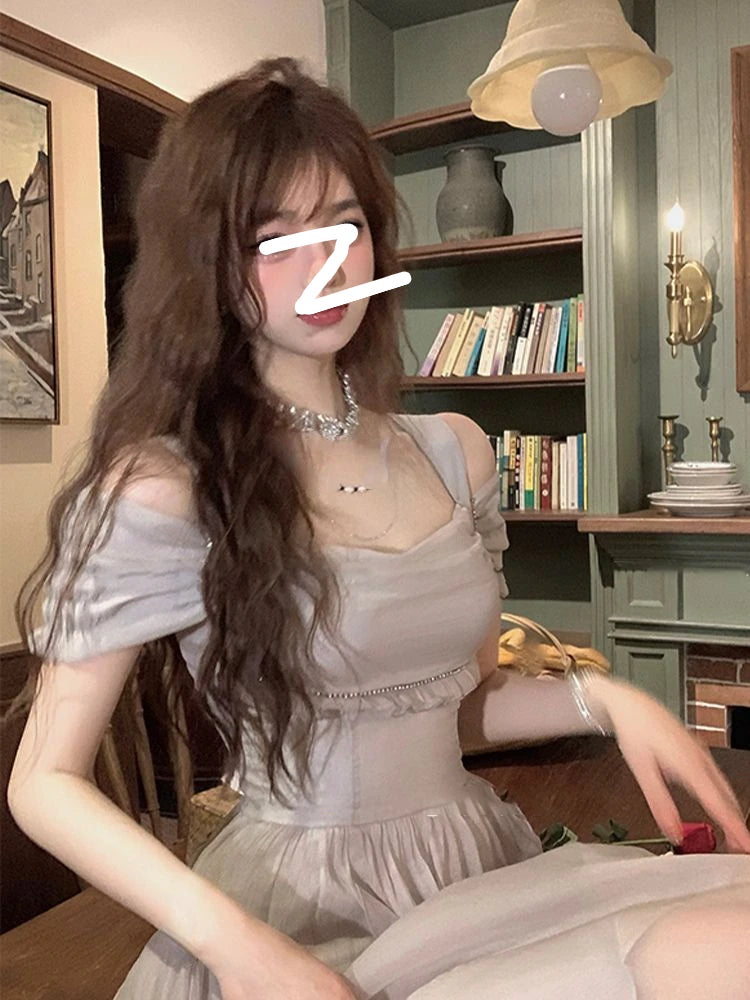 Korean Casual Midi Dress for Women 2026 New Summer Fashion Elegant Off The Shoulder Folds Ruffle Female Clothes Birthday Dress