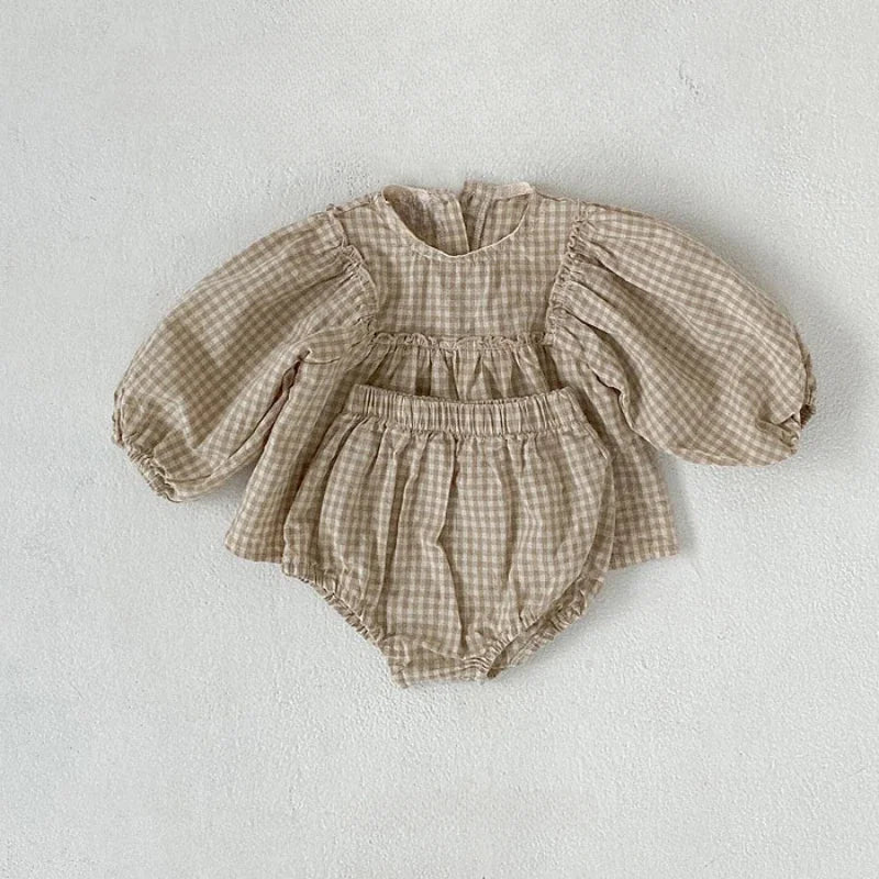 Infant Toddler Baby Girls Set 100% Cotton Plaid Blouse and PP Shorts Sets for Kids Infant Outfits