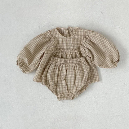 Infant Toddler Baby Girls Set 100% Cotton Plaid Blouse and PP Shorts Sets for Kids Infant Outfits