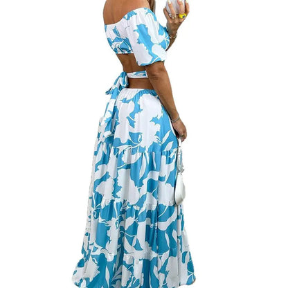 Women's Temperament Commuting Slim Fit Printing Hollow Lace up Large Swing Dress Women's Fashion Short Sleeve High Waist Dr