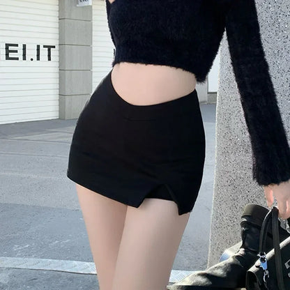 2026 Black Split Mini Skirts Women Summer Club High Waist Slit Skirt Streetwear Korean Party Fashion Irregular Slim A Line Skirt