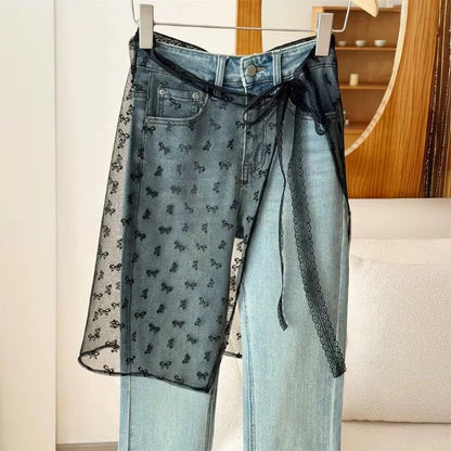 New Fashion Lace Layered Gauze Skirt with Tie Up Spicy Girl Stacked Skirt Y2k Streetwear Apron Wrap Skirt Lace Up Matching Pants
