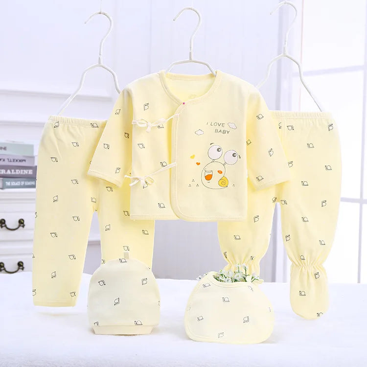 5Piece Sets Spring Baby Girl Boy Clothes Casual Cartoon Cute Print Long Sleeve Cotton Tops+ Pants+ Hat Newborn Hospital Set BC1361