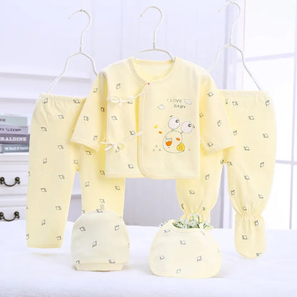5Piece Sets Spring Baby Girl Boy Clothes Casual Cartoon Cute Print Long Sleeve Cotton Tops+ Pants+ Hat Newborn Hospital Set BC1361