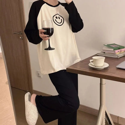Women Spring Autumn Pajamas Set Female Solid Long-sleeved Pant Home Clothing Simple Loose Casual Smile Face Print Sleepwear XXL