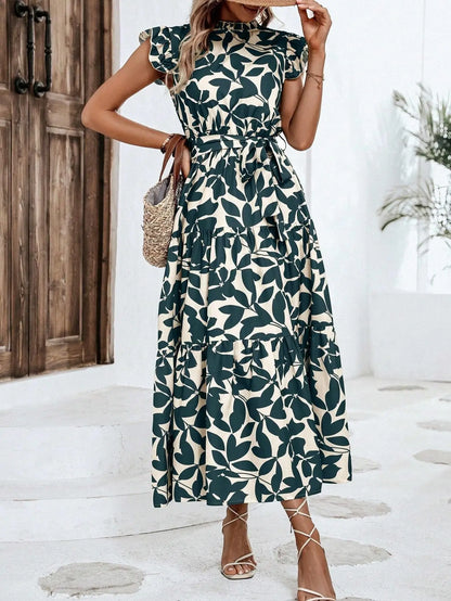 Elegant Women's Flower Midi Dress New Summer Fashion Stand Collar Flying Sleeve Lace Up Dress Casual Beach Holiday Dresses Robe