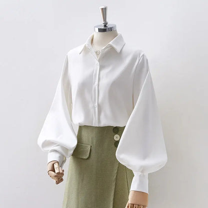 Lantern Sleeves Vintage Shirts Women Elegant White Women's Blouse with Lush Sleeves 2026 Fashion Button Up Shirt Black dropship