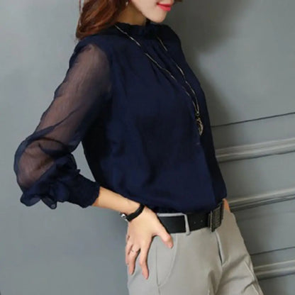 Perspective Net Mesh Sleeve Office Shirt Top Elastic Cuffs Women Shirt Elegant Ruffle Collar Blouse Solid Color Chiffon Shirt