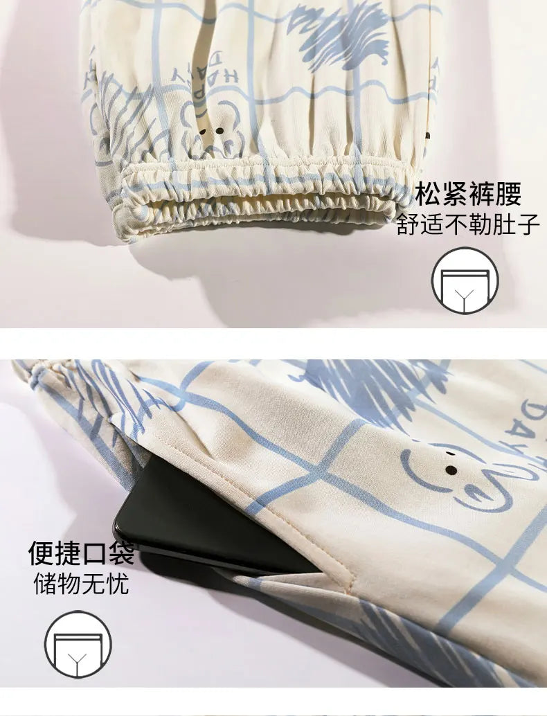 New Pajama Cartoon Cotton Pajamas for Women Summer Short Sleeved Long Pants Sleepwear Korean Fashion Rabbit Print Home Clothing