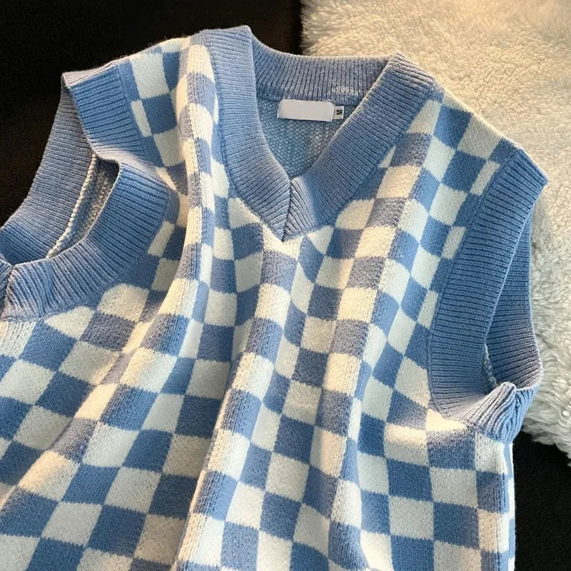 Men's Checkerboard Plaid V-neck Knitted Vest Female Spring Autumn Loose Couple Sweater Coat Sleeveless Vests Casual Tops