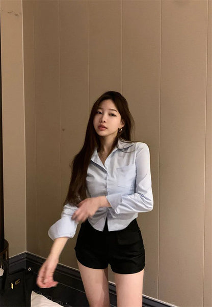 Korean White Office Women Chiffon Shirt Pocket Button Lapel Ladies Blouse Spring Commuter Long Sleeve New Female Crop Tops