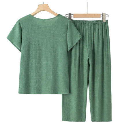 Summer Women Clothing Middle Aged Mother Short Sleeved Cotton Linen Sleepwear Set Printed Large Size Grandma Pajamas Suit 4XL