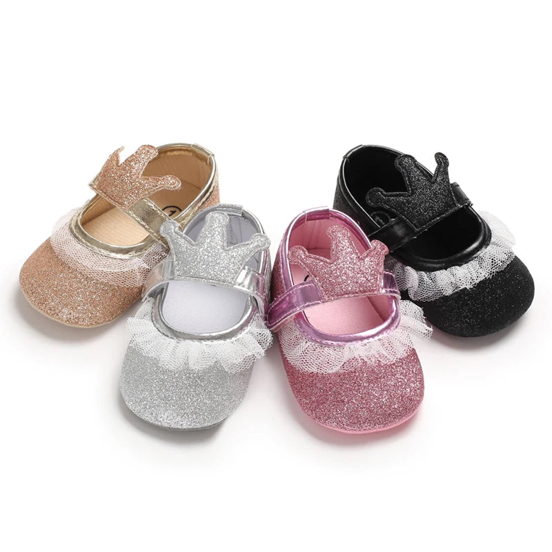 Cute 0-18M Spring Newborn Silver Baby Shoes Non Slip Cloth Bottom Girl Shoes Elegant Breathable Casual Baby First Walking Shoes