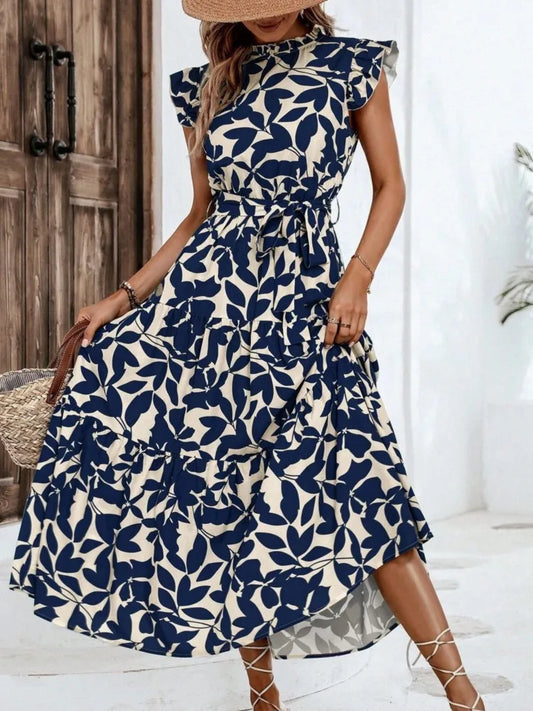 Elegant Women's Flower Midi Dress New Summer Fashion Stand Collar Flying Sleeve Lace Up Dress Casual Beach Holiday Dresses Robe
