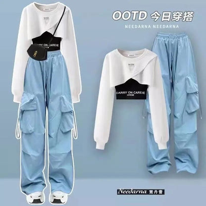 Spring and Autumn Set Women's 2026 Korean Loose Fashion Top Casual Work Pants Age Reducing Three Piece Set
