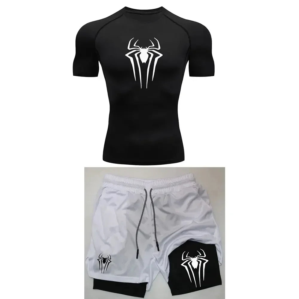 Men's Workout Compression Set Y2K Spider Printed Gym T-shirts Breathable Running Shorts Quick Dry Sports Rash Guard Sportwear Set