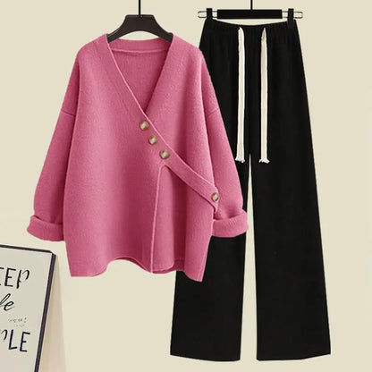 Women's Spring Autumn New Casual Matching Set Korean Elegant Irregular Knit Sweater+ Loose Wide Leg Pants Two Piece Female Suit