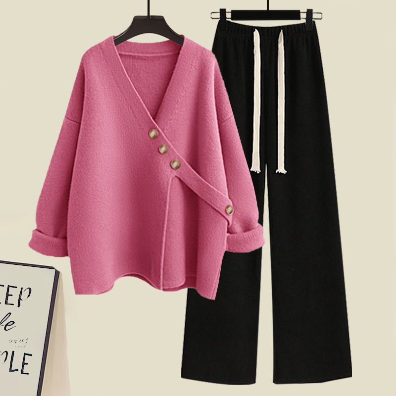 Women's Spring Autumn New Casual Matching Set Korean Elegant Irregular Knit Sweater+ Loose Wide Leg Pants Two Piece Female Suit