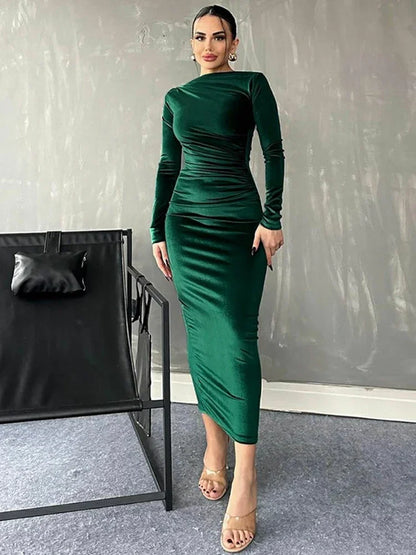 BWQ 2026 Spring Summer Velvet Long Sleeve Midi Dress For Women Ruched Long Dress Elegant Party Clothes Evening Green Outfits