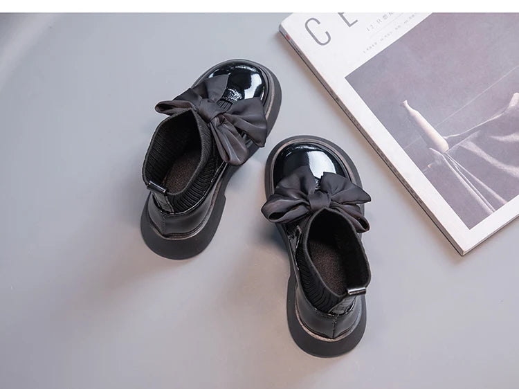 Children's Boots Fashion PU Solid Black Bow Girls Uniform 2025 Spring and Autumn New Kids Fashion Flying Knit School Socks Shoes
