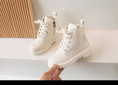 2025 Beige Girls Boots Side Zipper Simple Non-slip Casual Kids Shoes Versatile Soft Boys Britain Style Children Short Boots PU