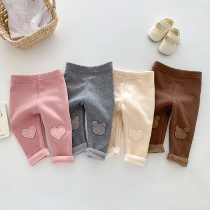 Girls Leggings 2026 Winter 0-5Y Children's Clothes Baby Girls Patch Plus Velvet Warm Pants Trousers