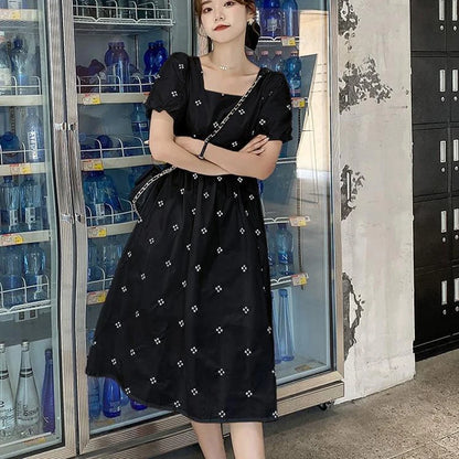 Elegant Women Midi Dress Korean Style Floral Print Square Collar Casual Black Dresses