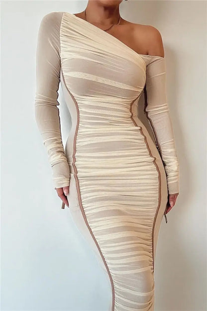 Diagonal Collar Long Sleeve Midi Dress For Women Two Layer Mesh Backless Ruched Bodycon Club Party Sexy Long Dress