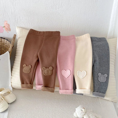 Girls Leggings 2026 Winter 0-5Y Children's Clothes Baby Girls Patch Plus Velvet Warm Pants Trousers